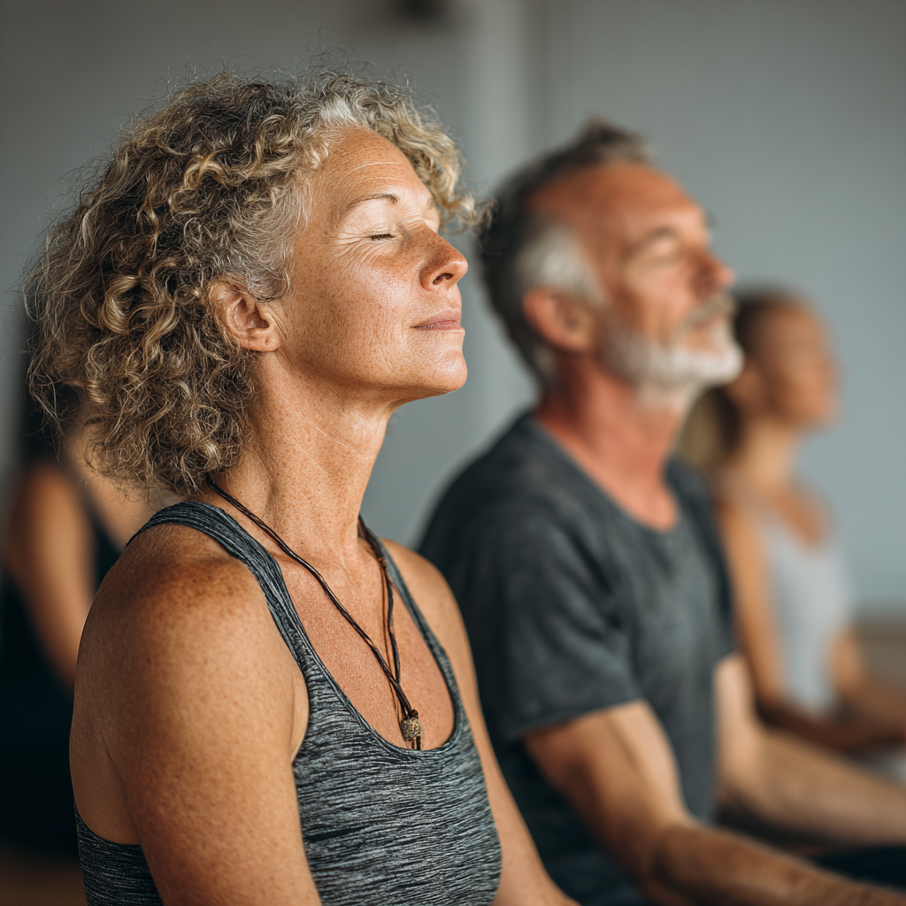 Mature adults in their 50s practicing gentle yoga poses together in a bright studio, focusing on flexibility and mindfulness with professional instruction